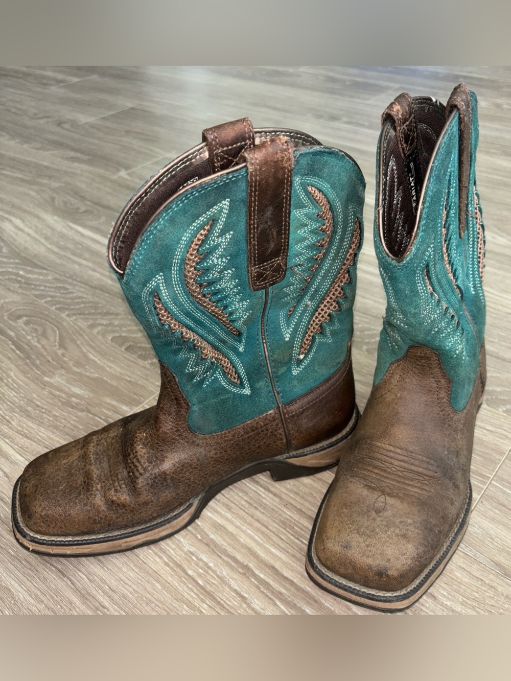 Ariat Brown Boot Shaft with Teal Stitching Detail
